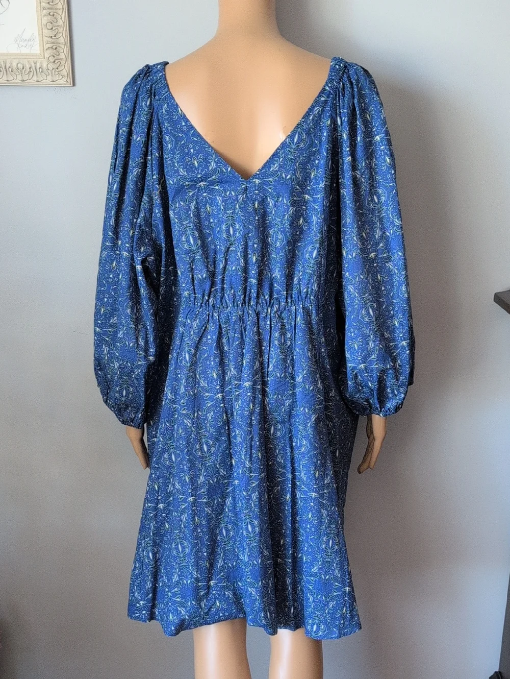 Boho Blue Cotton Floral Midi Dress Balloon Sleeve Cottagecore Romantic 2X - Picture 11 of 16